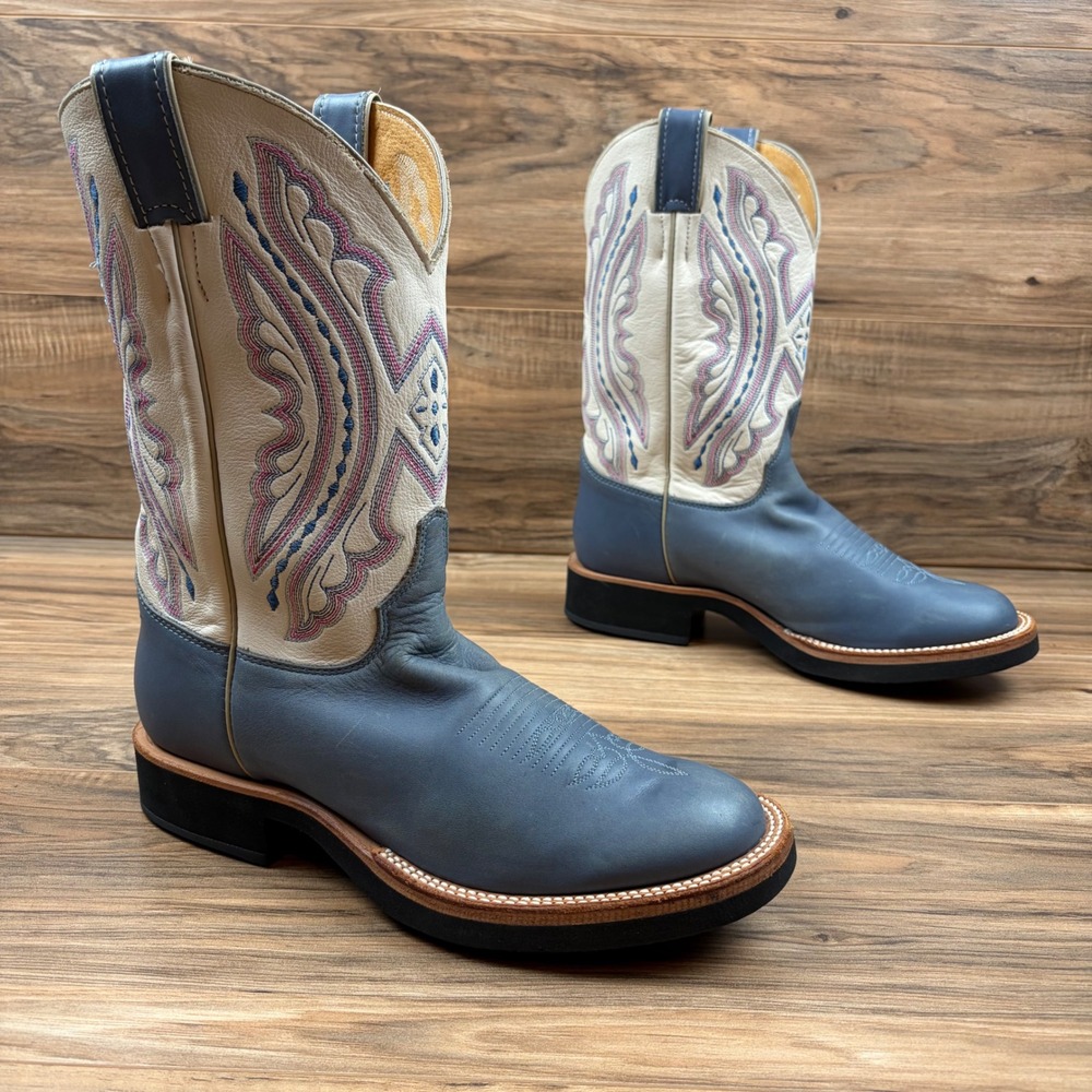 VTG Justin Boots Women 9.5B Tekno Crepe 11" Western Blue Cream Leather USA L5036